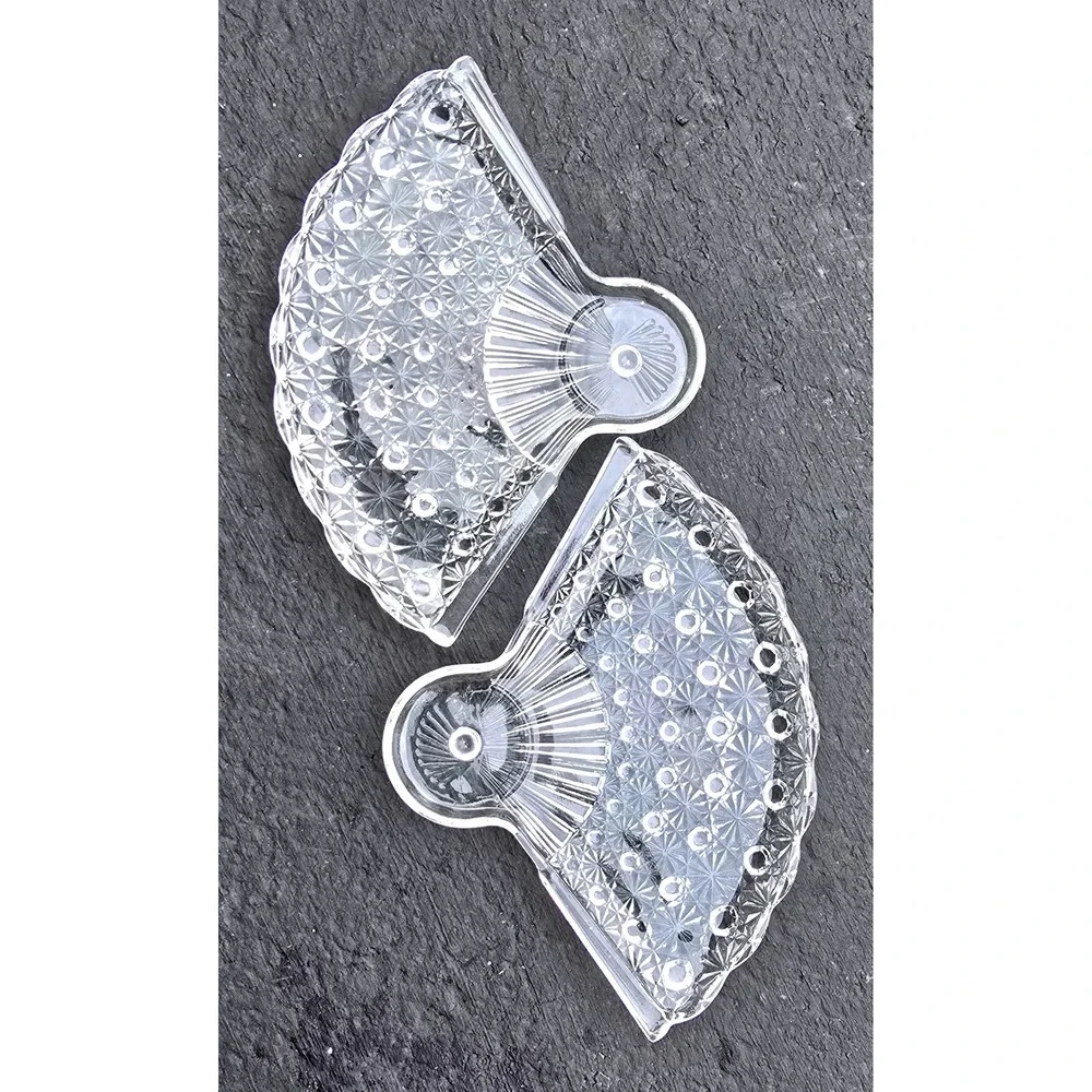 1960's Anchor Hocking Clear Fan Shaped Snack & Drink Plates Daisy and Button 2pc